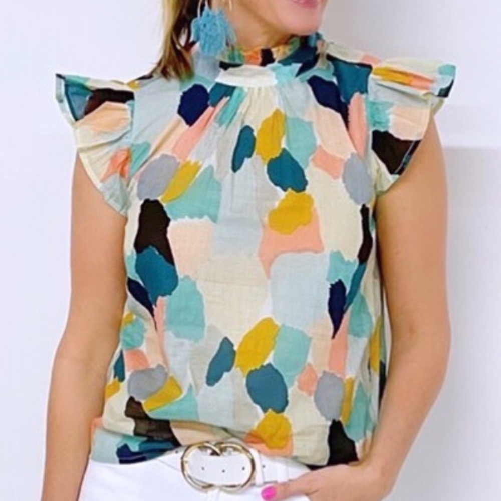 THML Coastal Print Flutter Sleeve Top - Multi
